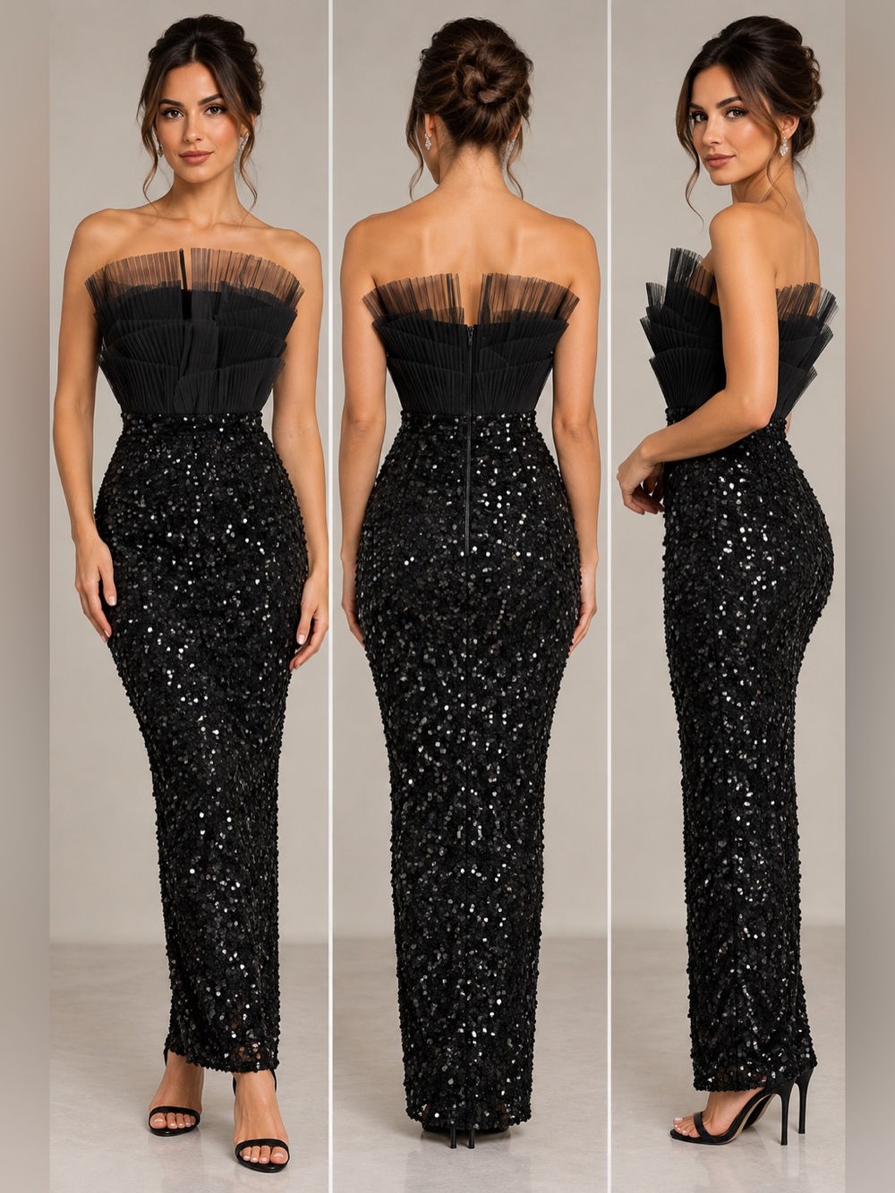 Zen Lulu Black Pleated Tulle Strapless Sequin Column Maxi Dress S Hoco Prom Gown